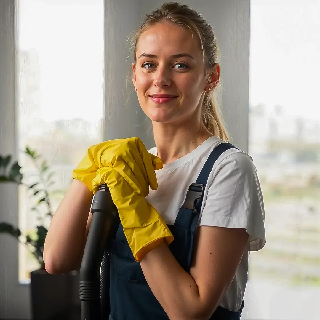 Technician cleaning rug with care
